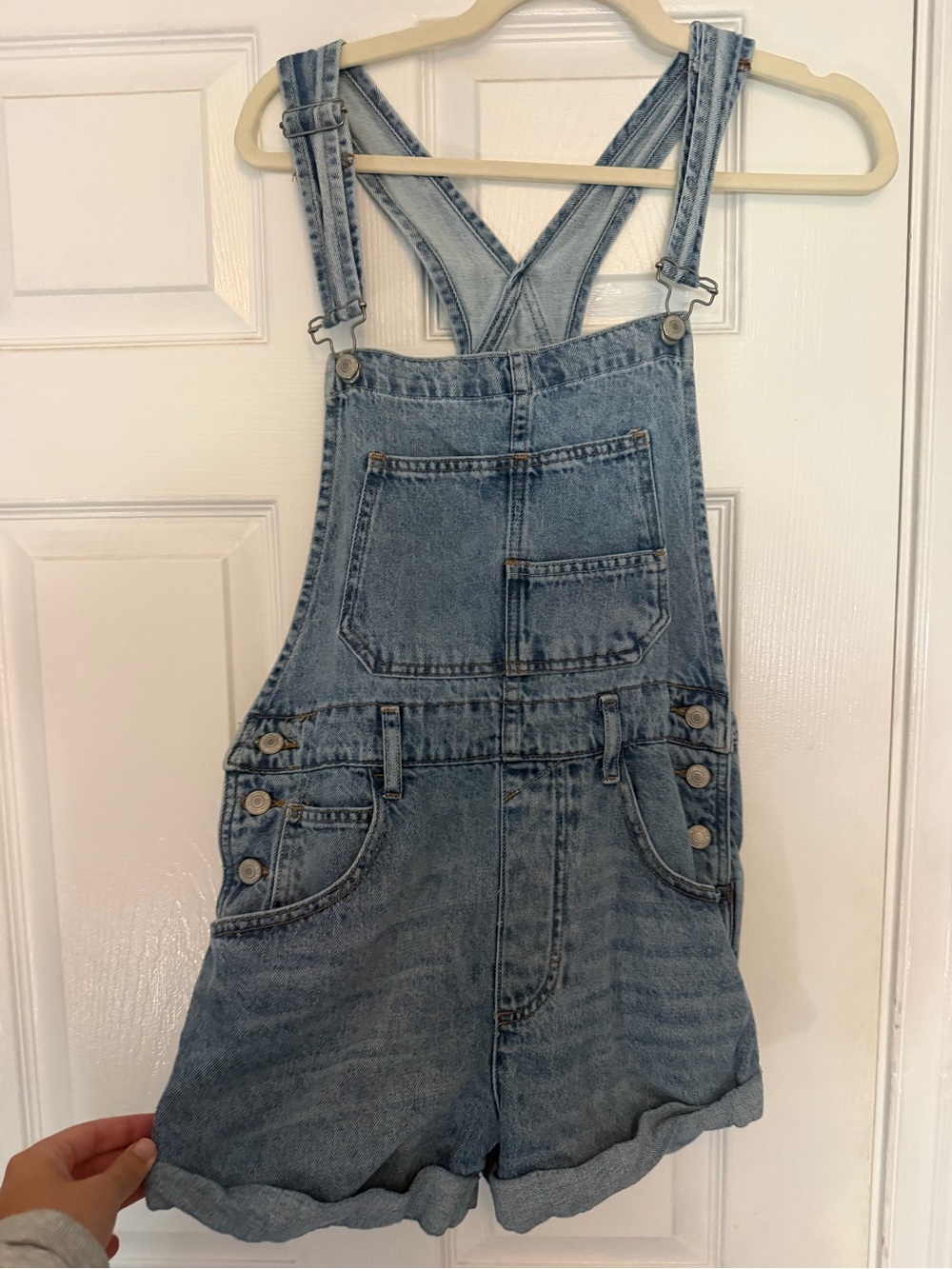 Free People Washed Light Blue Denim Short Overalls